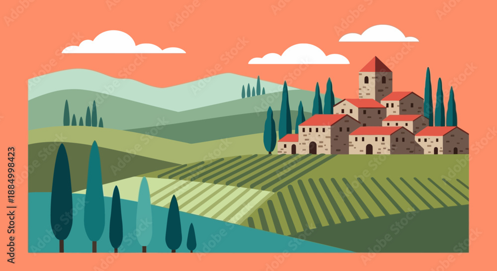 Εκτύπωση καμβά Tuscan landscape with vineyards and medieval village.