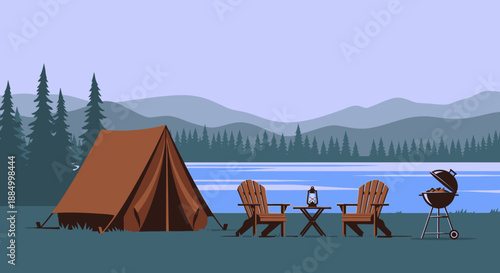 Serene lakeside camping scene with tent and outdoor furniture.