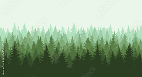 Serene forest landscape with layered evergreen trees in varying shades of green.