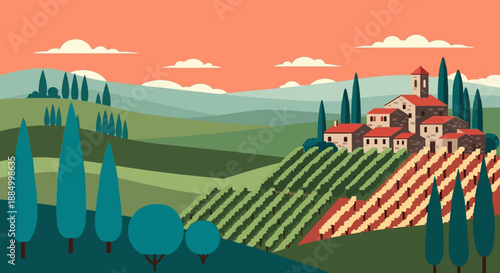 Tuscan countryside landscape with vineyards and cypress trees.