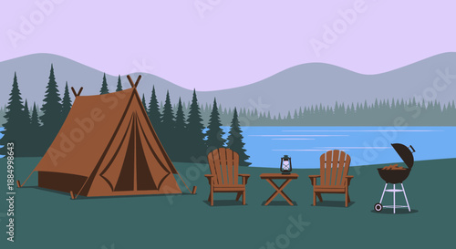 Camping scene with tent and outdoor furniture by a serene lake.