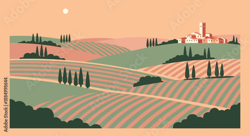 Tuscan landscape with vineyards and cypress trees at sunset.