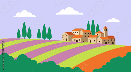 Colorful landscape with rolling hills and a rural village.