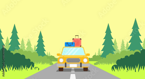 Yellow car driving on a road with luggage on the roof.