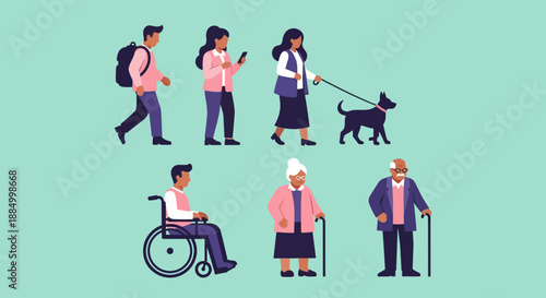 Diverse People Engaging in Various Activities and Mobility Aids.