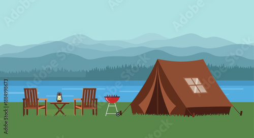 Camping Scene by the Lake with Outdoor Furniture and Barbecue.