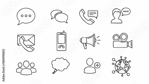 Set of communication and social media icons in outline style.