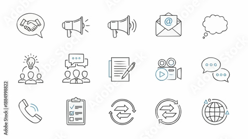 Set of communication and business icons hand drawn style.