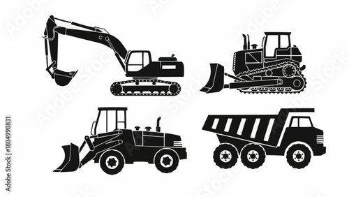 Set of construction vehicles including excavator bulldozer loader and dump truck.