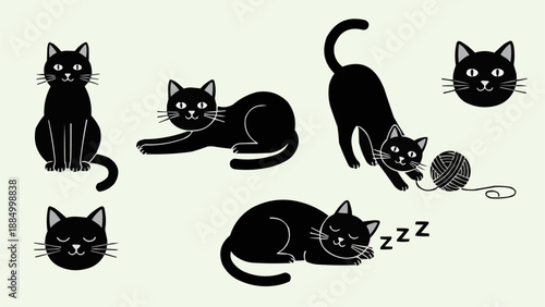 Set of cute black cat illustrations in various poses and activities.