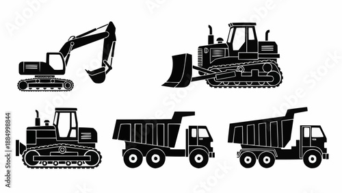 Set of construction vehicles silhouettes including excavator bulldozer and dump trucks.
