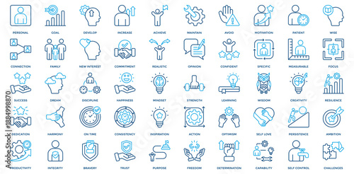 Personal Goal icon set. Containing personal, goal, develop, increase, achieve, new interest, commitment, realistic icon. Outline Color style