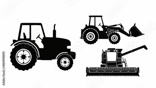 Set of agricultural vehicles silhouettes including a tractor loader and combine harvester.