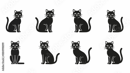 Set of Black Cat Illustrations in Different Poses.
