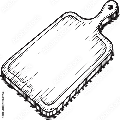 Illustration of a rectangular wooden cutting board with a handle and detailed line work