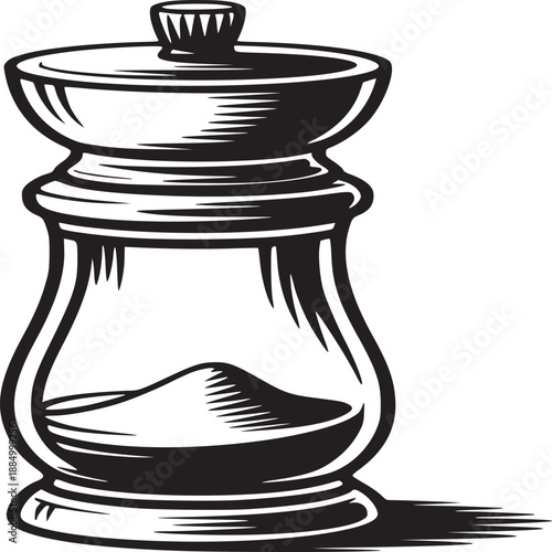 Illustration of a pepper grinder with a glass body and black and white coloring on a white background