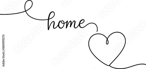 Minimalist one line home lettering, heart shaped continuous line art, elegant modern design for cozy emotional wall decor