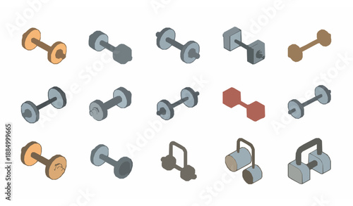 Isometric home fitness dumbbell icons vector set for strength training equipment