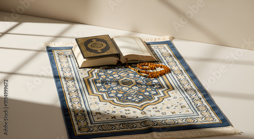 Open Holy Quran on Blue Prayer Mat with Tasbih Beads During Ramadan Morning Light
