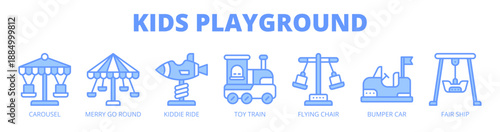 Kids Playground web banner icon vector illustration concept for children amusement area, with icon of carousel, merry go round, kiddie ride, toy train, flying chair, bumper car, and fair ship.