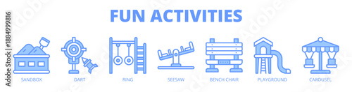 Fun Activities web banner icon vector illustration concept for children play activities, with icon of sandbox, dart game, ring game, seesaw, bench chair, playground area, and carousel.