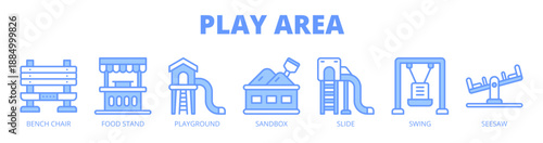 Play Area web banner icon vector illustration concept for outdoor public play space, with icon of bench chair, food stand, playground, sandbox, slide, swing, and seesaw.