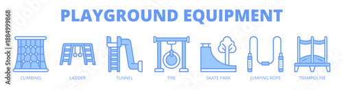 Playground Equipment web banner icon vector illustration concept for kids physical activity, with icon of climbing frame, ladder, tunnel, tire, skate park, jumping rope, and trampoline.