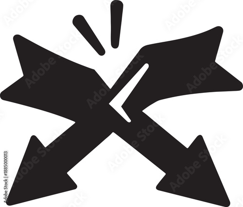 Traffic collision icon formed by intersecting arrows in bold silhouette with clean vector style