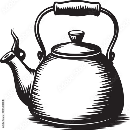 Illustration of a vintage style kettle with steam coming from the spout in black and white drawing