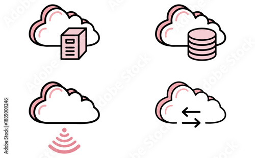 クラウドコンピューティングを表すアイコンセットのサーバーとデータ通信のイラスト