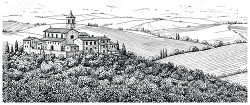 Detailed pen and ink drawing of a Tuscan village landscape in Italy