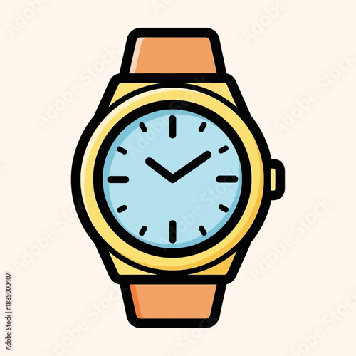 A simple cartoon illustration of a gold wristwatch with a light blue face and brown strap.