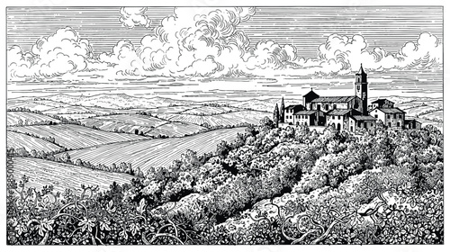 Detailed etching showcasing an Italian town nestled on a picturesque hilltop