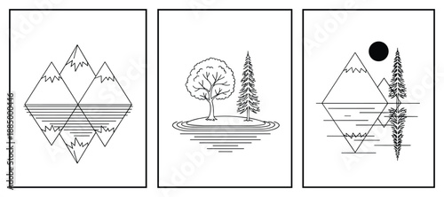 Minimalist Vector Landscapes: Mountain, Island, and Reflection Scenery Set