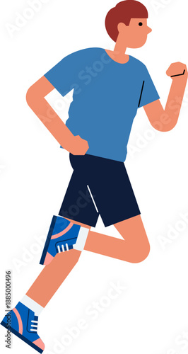Young man running in blue t-shirt and shorts. Flat vector illustration of a male runner jogging isolated on white background.
