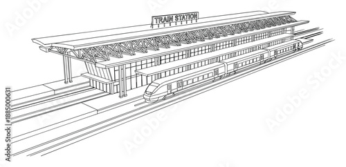 Detailed Line Art of a Modern Train Station and Passenger Train Vector
