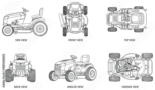 Detailed Technical Diagram: Lawn Tractor Views for Engineering Projects.