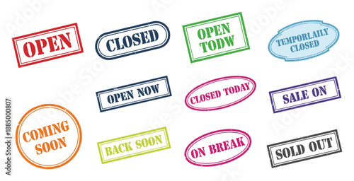 Collection of various colorful business status stamps, including open and closed