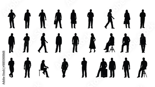 Various silhouettes of people in different poses isolated on white background, Vector