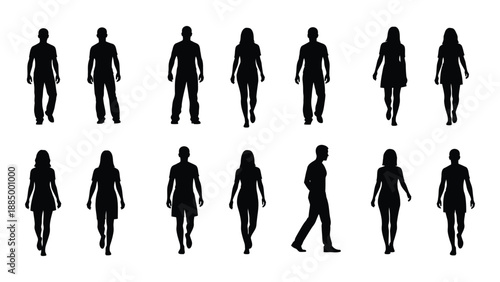 Silhouettes of people walking isolated on white background, Vector