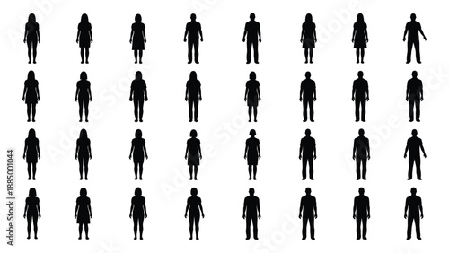 Silhouettes of diverse human figures isolated on white background, Vector