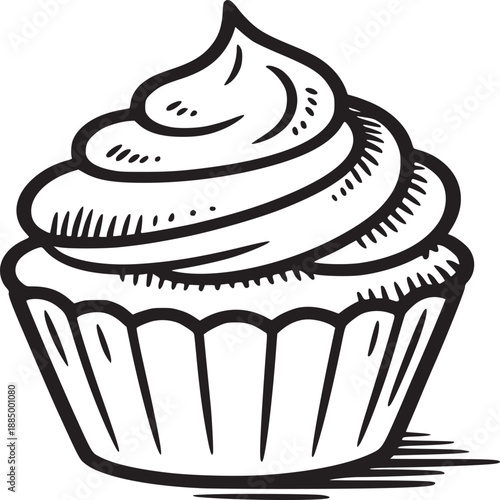 A black and white drawing of a cupcake with frosting and a cupcake liner on a white background