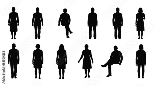 Silhouettes of people in various poses isolated on white background, Vector
