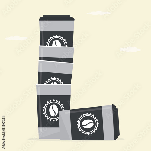 Coffee addiction. Pile of coffee cups hints at a growing habit – a quiet reminder of too many refills in daily coffee life, dependence