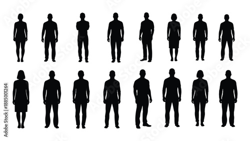 Silhouettes of various people standing isolated on white background, Vector