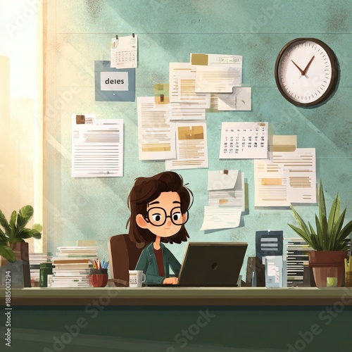 Young woman working at a cluttered desk.