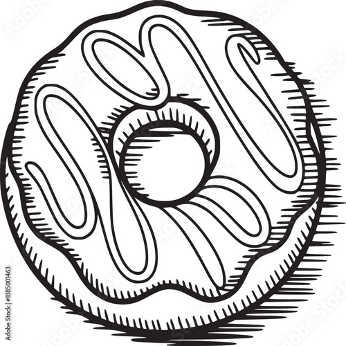 A black and white sketch of a donut with icing and a hole in the center on a white background art