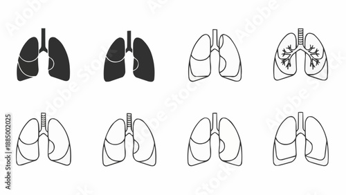 Set of human lung icons in various styles and colors.