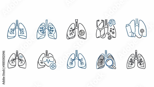 Set of hand-drawn lung icons with medical symbols.