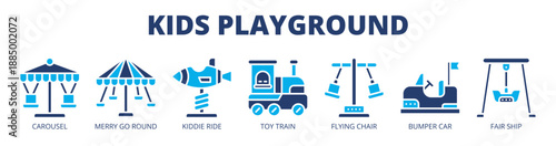 Kids Playground web banner icon vector illustration concept for children amusement area, with icon of carousel, merry go round, kiddie ride, toy train, flying chair, bumper car, and fair ship.